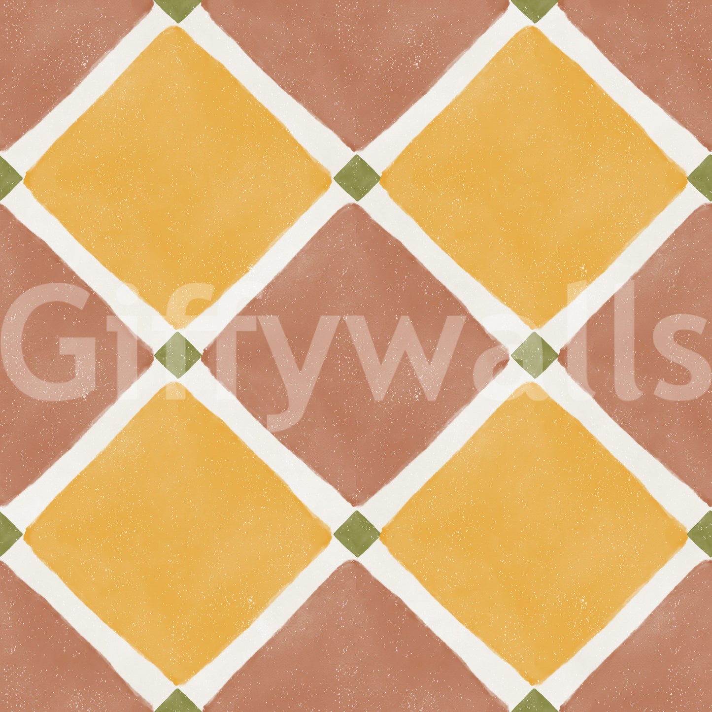 Terracotta yellow checkerboard wallpaper with aged tile texture and soft grain
