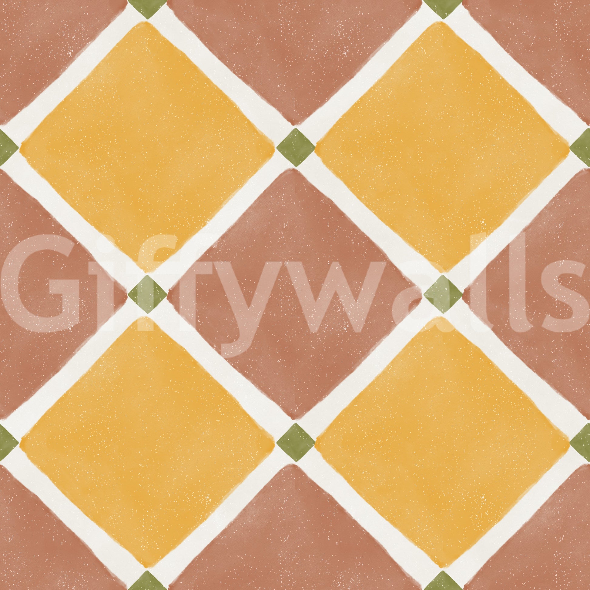 Terracotta yellow checkerboard wallpaper with aged tile texture and soft grain