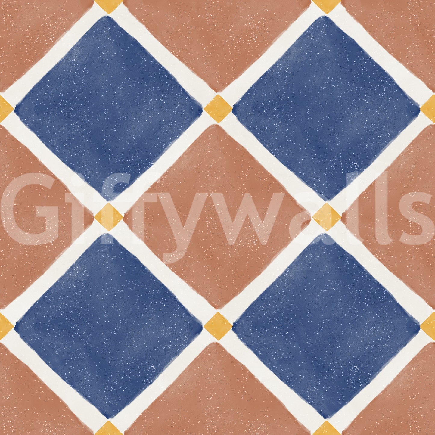 Deep blue and warm brown tiles form this Mediterranean rustic checkerboard wallpaper.