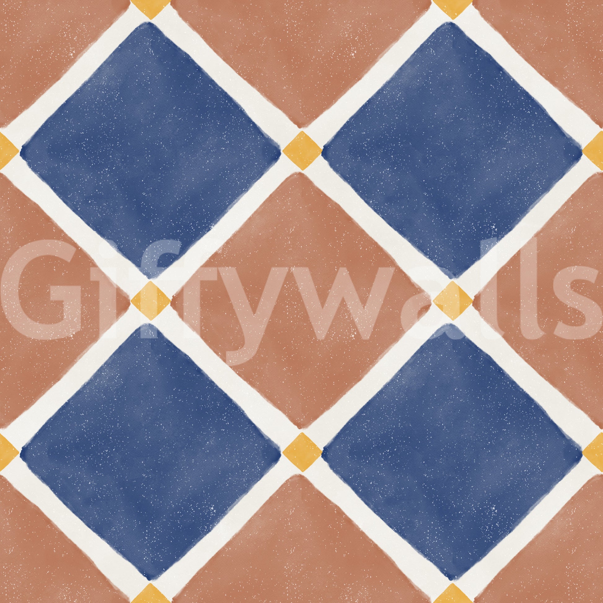 Deep blue and warm brown tiles form this Mediterranean rustic checkerboard wallpaper.