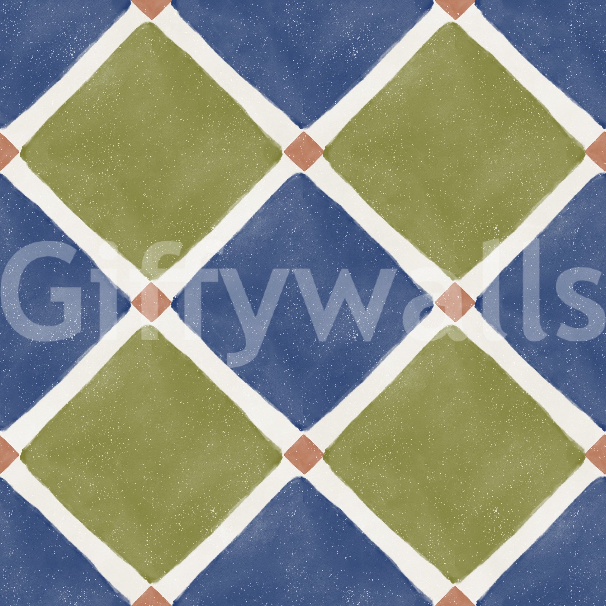 Deep navy and olive diamonds alternate on this Mediterranean rustic checkerboard wallpaper.