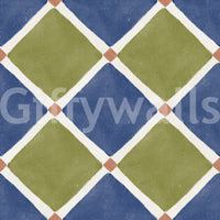 Deep navy and olive diamonds alternate on this Mediterranean rustic checkerboard wallpaper.