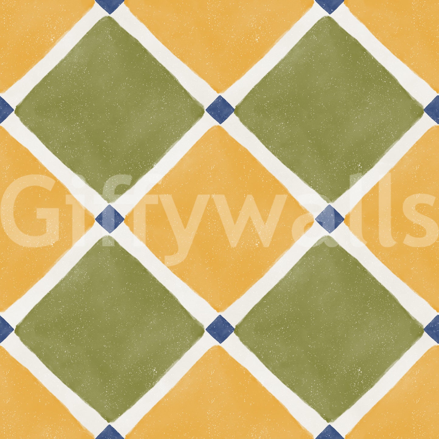 Yellow and olive diamond tiles repeat on this Mediterranean checkerboard wallpaper.