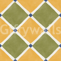 Yellow and olive diamond tiles repeat on this Mediterranean checkerboard wallpaper.