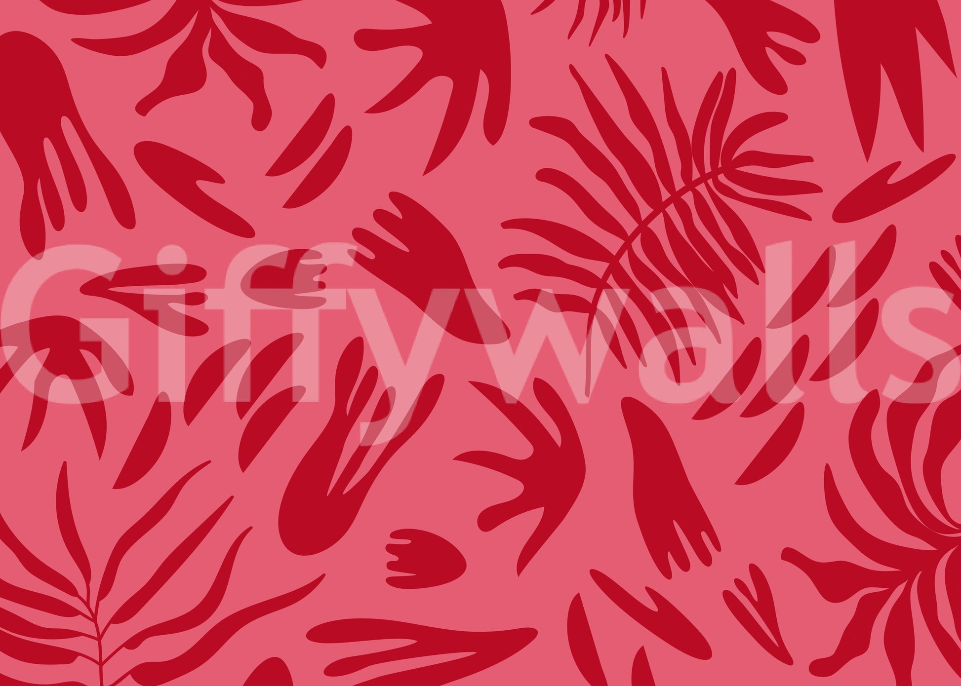 Crimson leaf wall mural with bold red fronds over a warm pink backdrop
