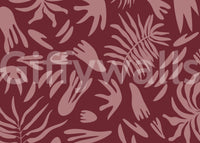 Maroon bloom wall mural with abstract foliage and smooth visual flow