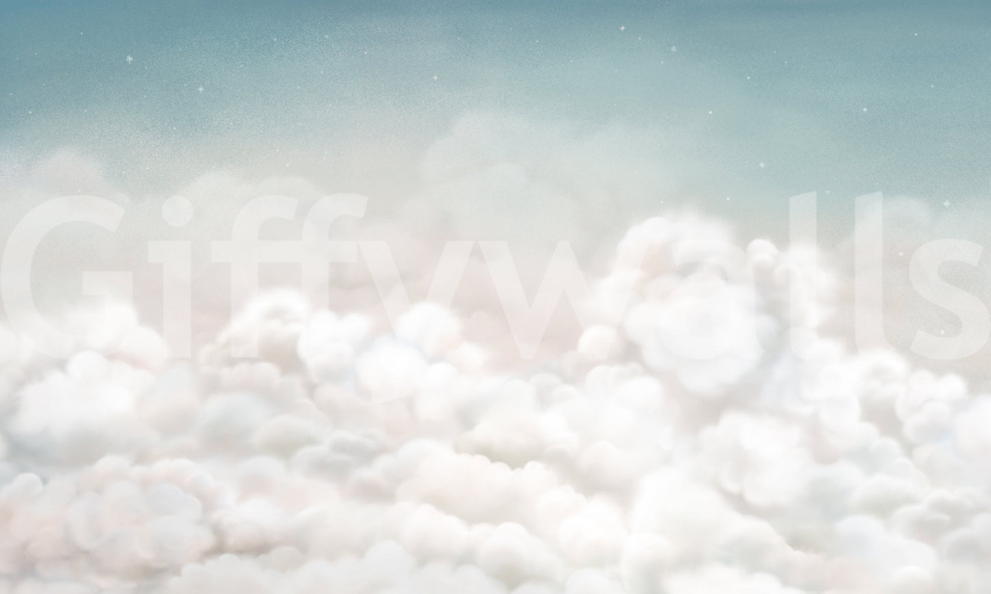 Clean blue sky wall mural with minimal cloud detailing and smooth finish