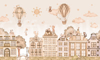 Minimal city wall mural with cats and soft neutral architectural elements