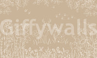 Brown woodland wall mural featuring deer sketches and delicate floral elements