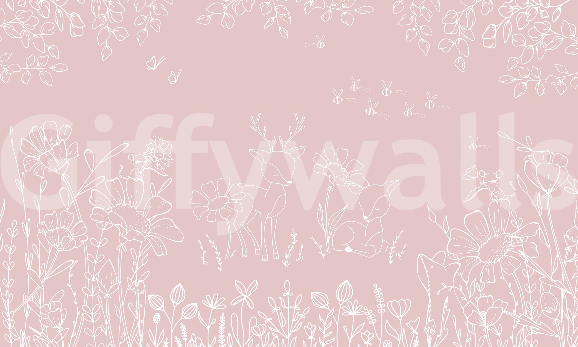 Calm floral deer wall mural pink doodle artwork style