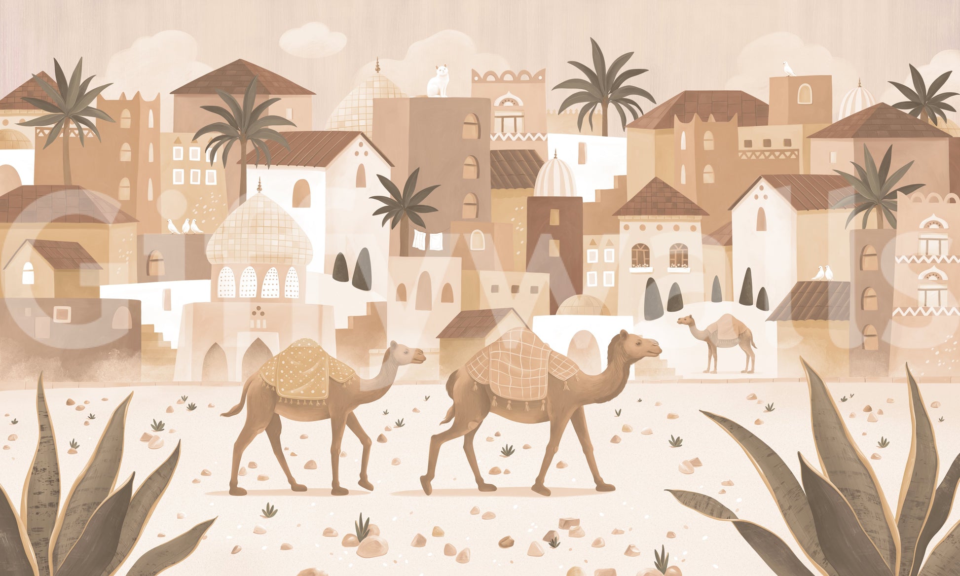 Minimal desert wall mural camels mono tone artwork