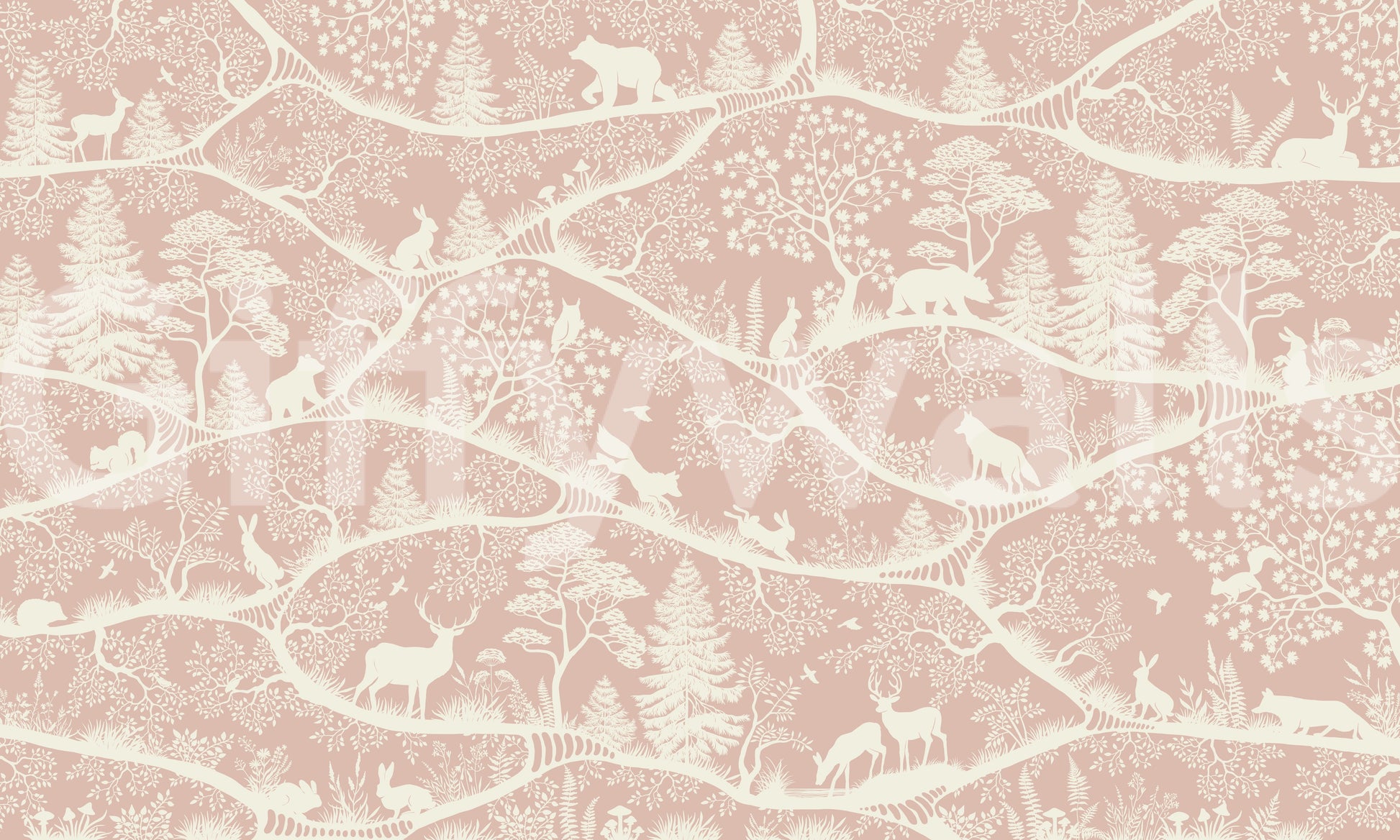 Nordic woodland scene mural animals trees pink wall mural