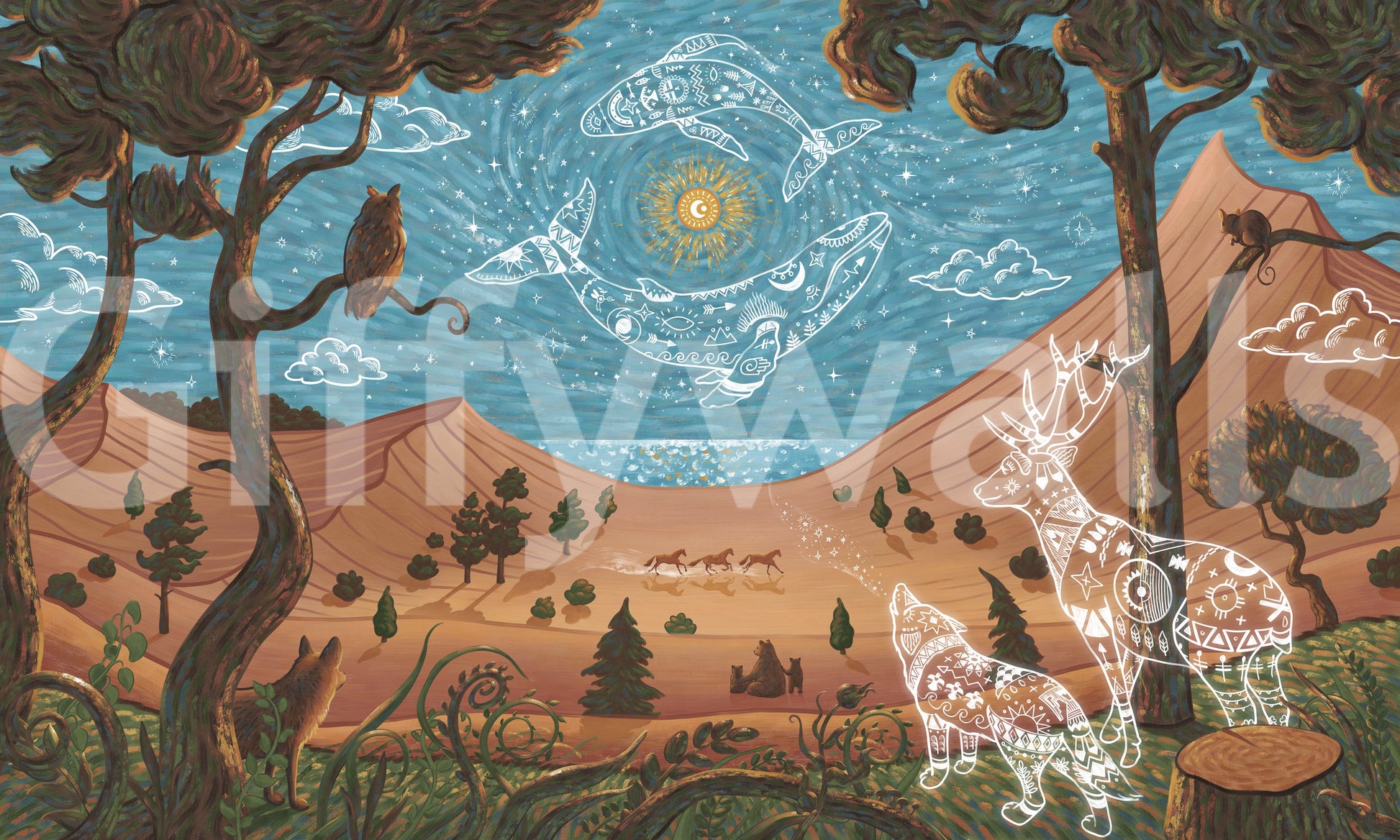 Symbolic animal wall mural with decorative line art and night setting