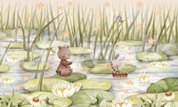 Fantasy kids wall mural with stars, pond, and cute characters