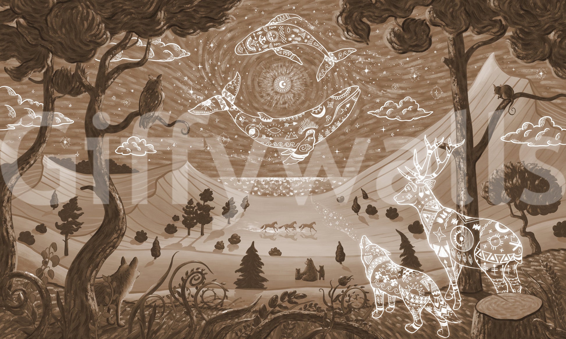 Spirit Surreal nature wall mural with celestial animals and patterned detailing