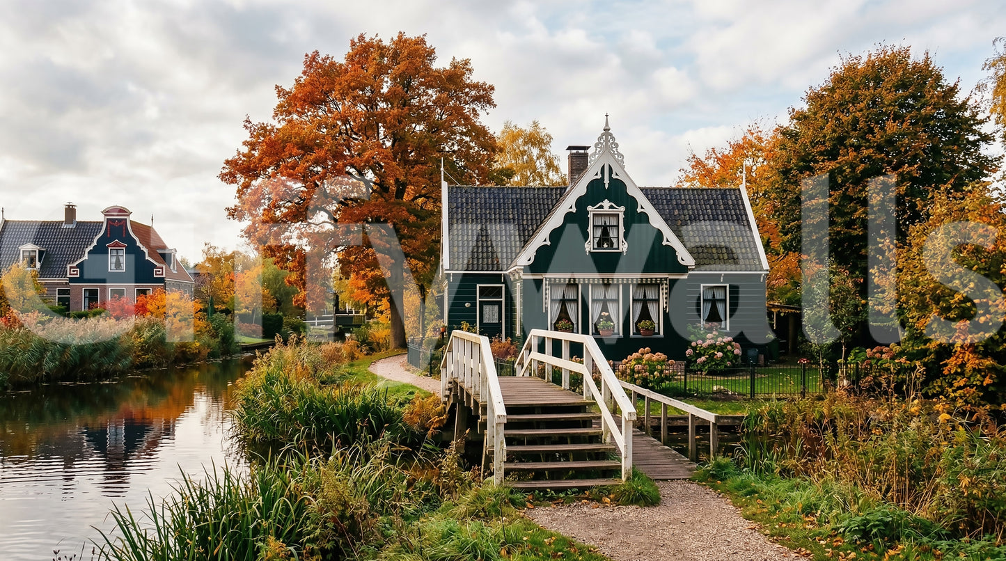 Scenic countryside wall mural with Dutch houses and seasonal colors