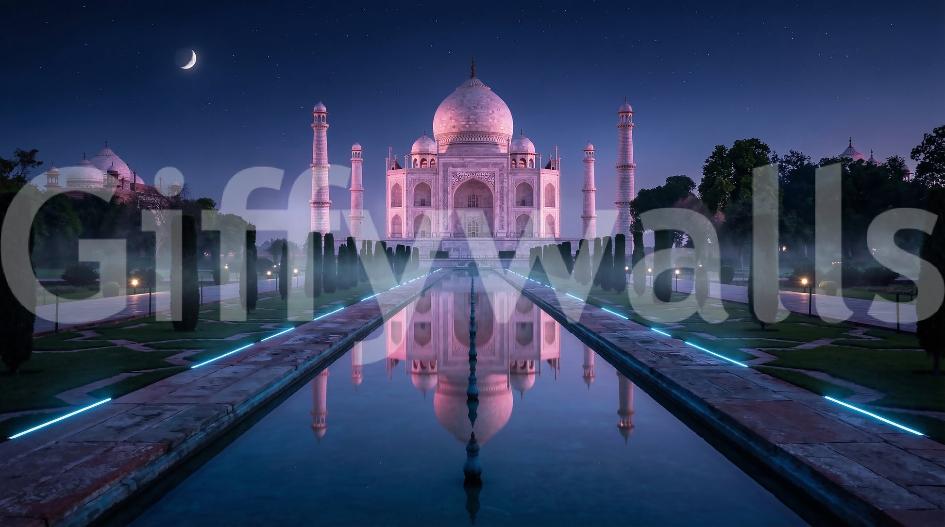 Taj Mahal reflection wall mural with symmetrical garden pathway design