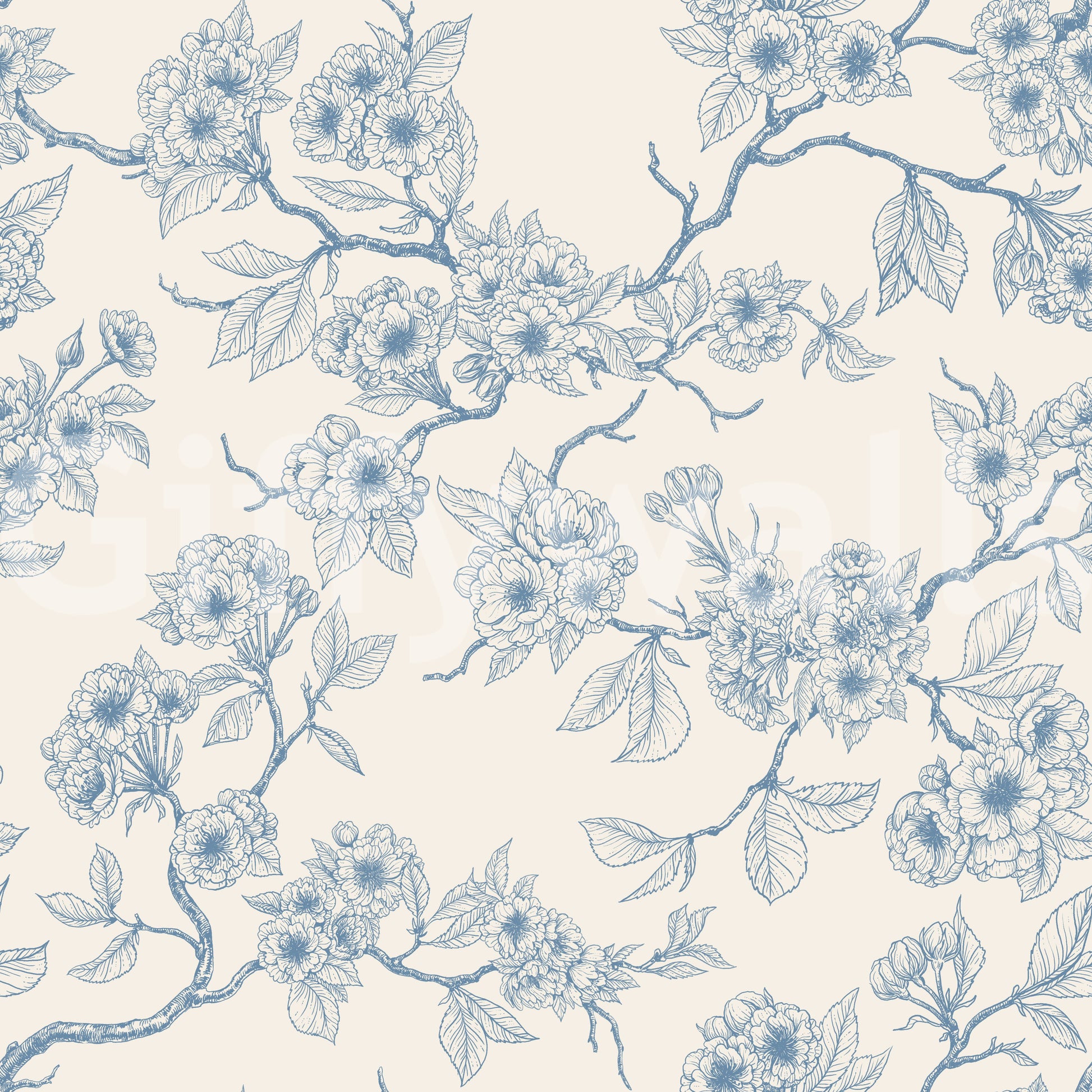 Classic botanical wallpaper with cherry blossom branches and fine lines
