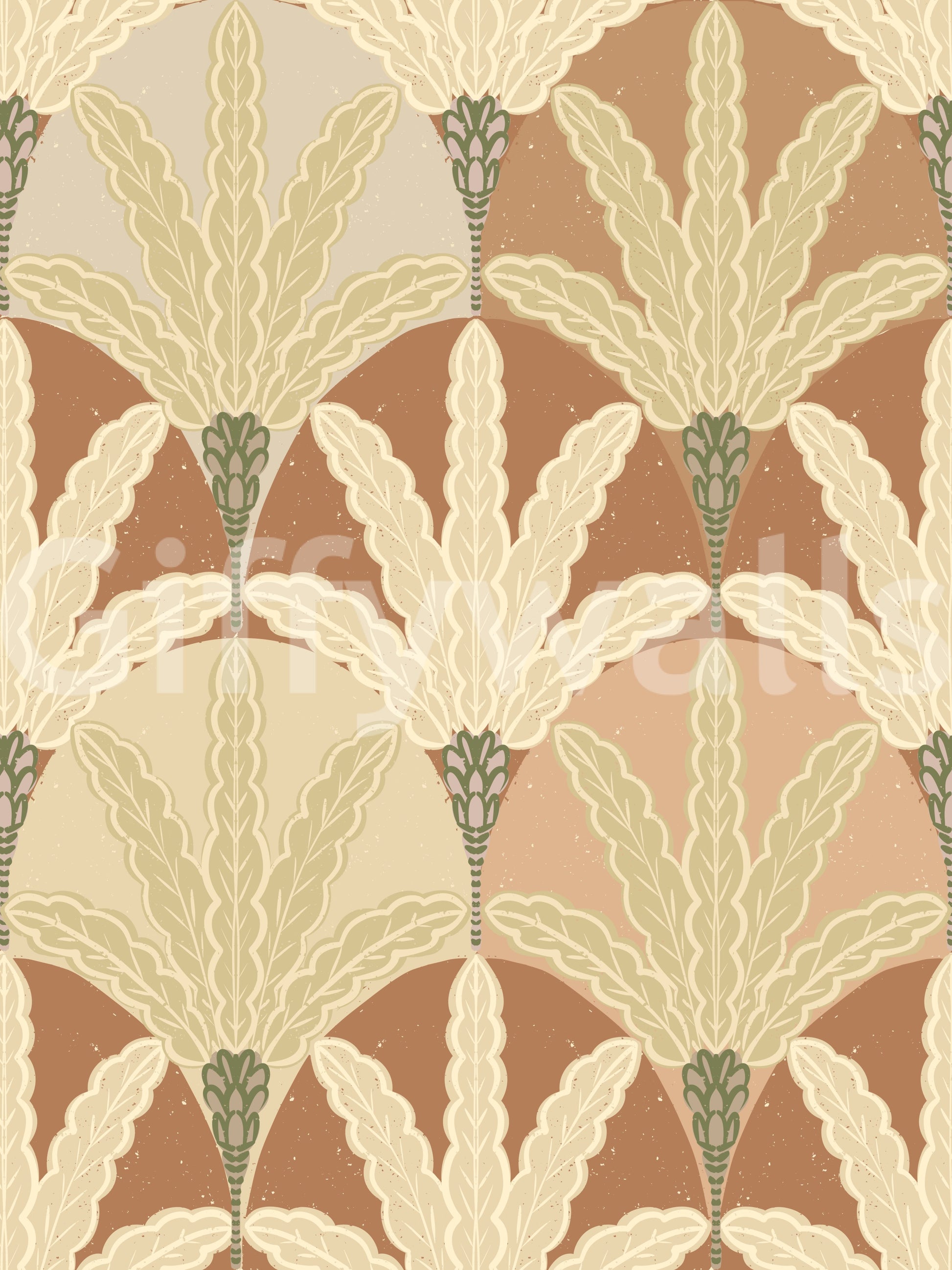 Earthy fan fronds wallpaper with layered leaf plumes in a warm vintage repeat flow