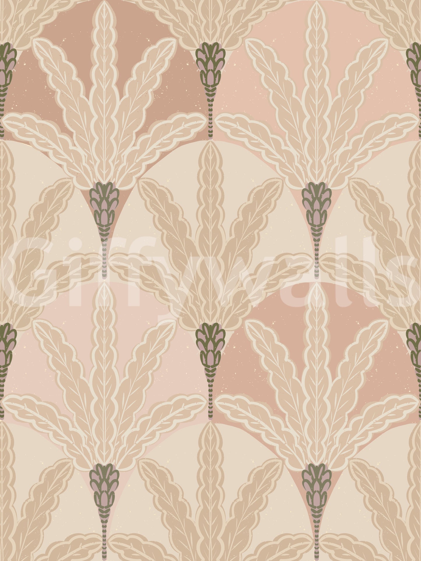 Blush deco foliage wallpaper with soft ivory leaf plumes in an elegant vintage repeat