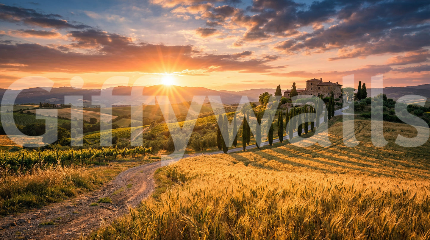 Tuscan golden hour wall mural with sunlit wheat fields and cypress-lined road view