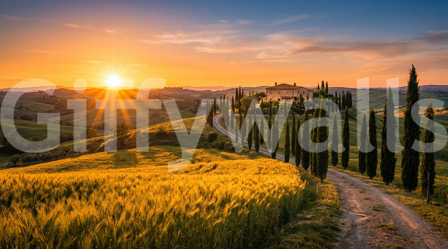 Tuscan golden hour wall mural with cypress path and sunlit hillside landscape view