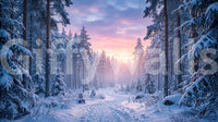 Snowy path wall mural with pastel sky glow through a frosted pine forest scene view
