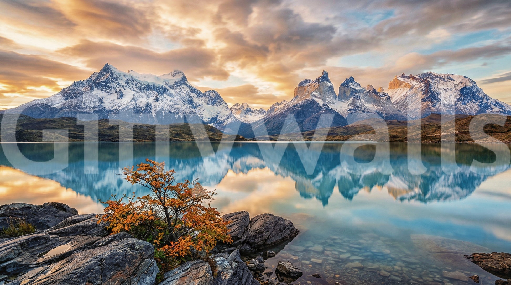 Patagonia reflection wall mural with turquoise lake and snow-lined autumn peak glow