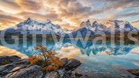 Patagonia reflection wall mural with turquoise lake and snow-lined autumn peak glow