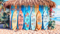 Tropical surf mural with wooden shack background in living room