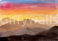 Nature-inspired watercolor wall mural with mountains and warm sky tones
