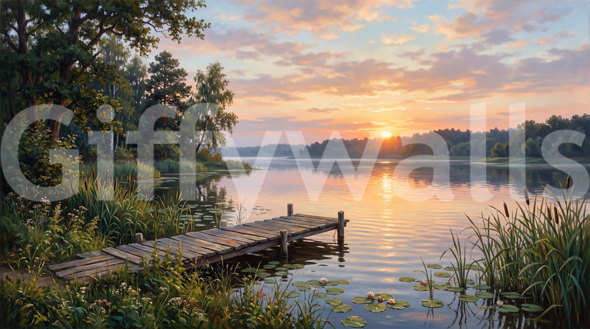 Golden hour lake wall mural with wooden dock and sunset reflection