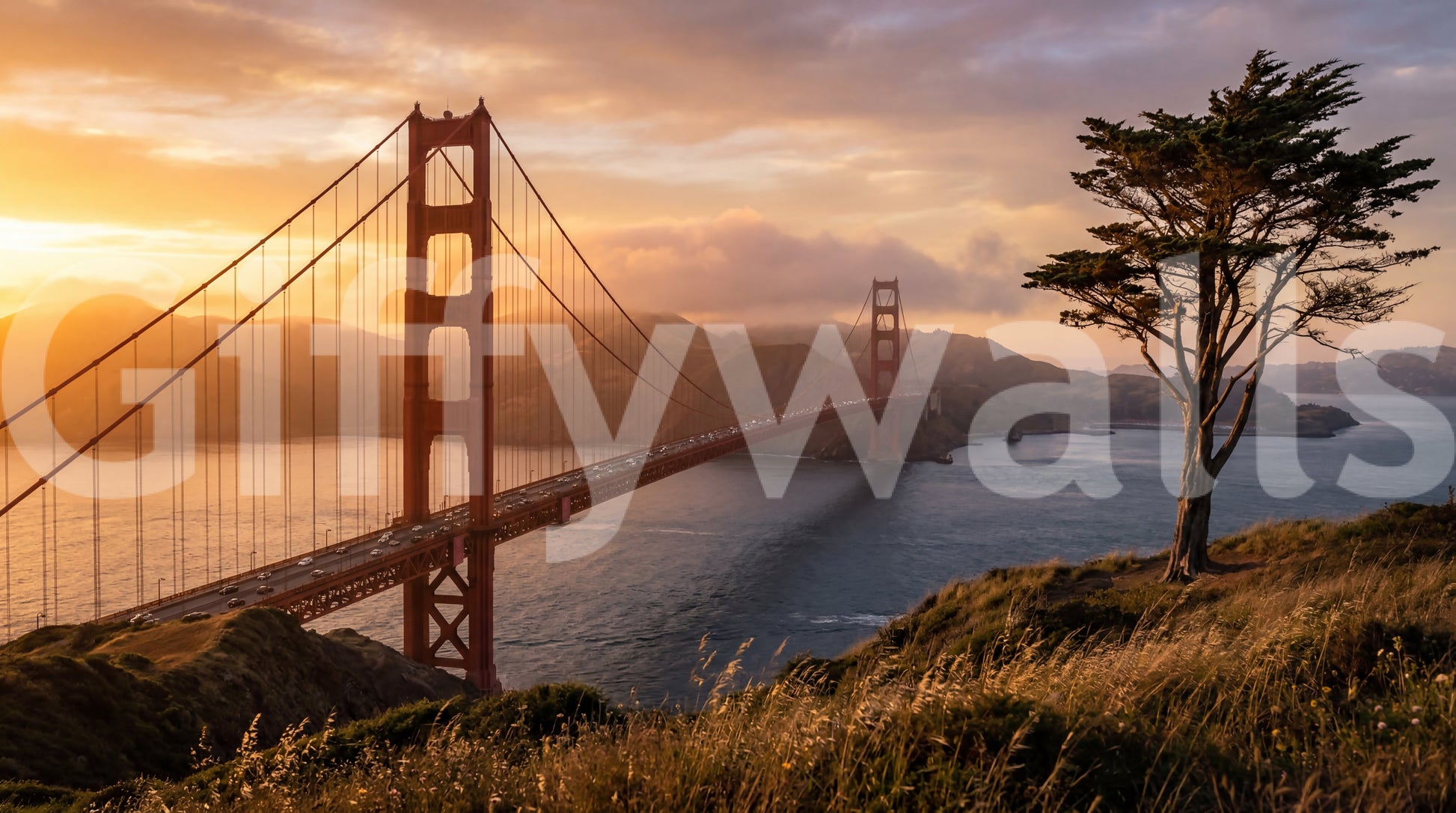 Golden Gate sunset vista wall mural with glowing sky and bridge