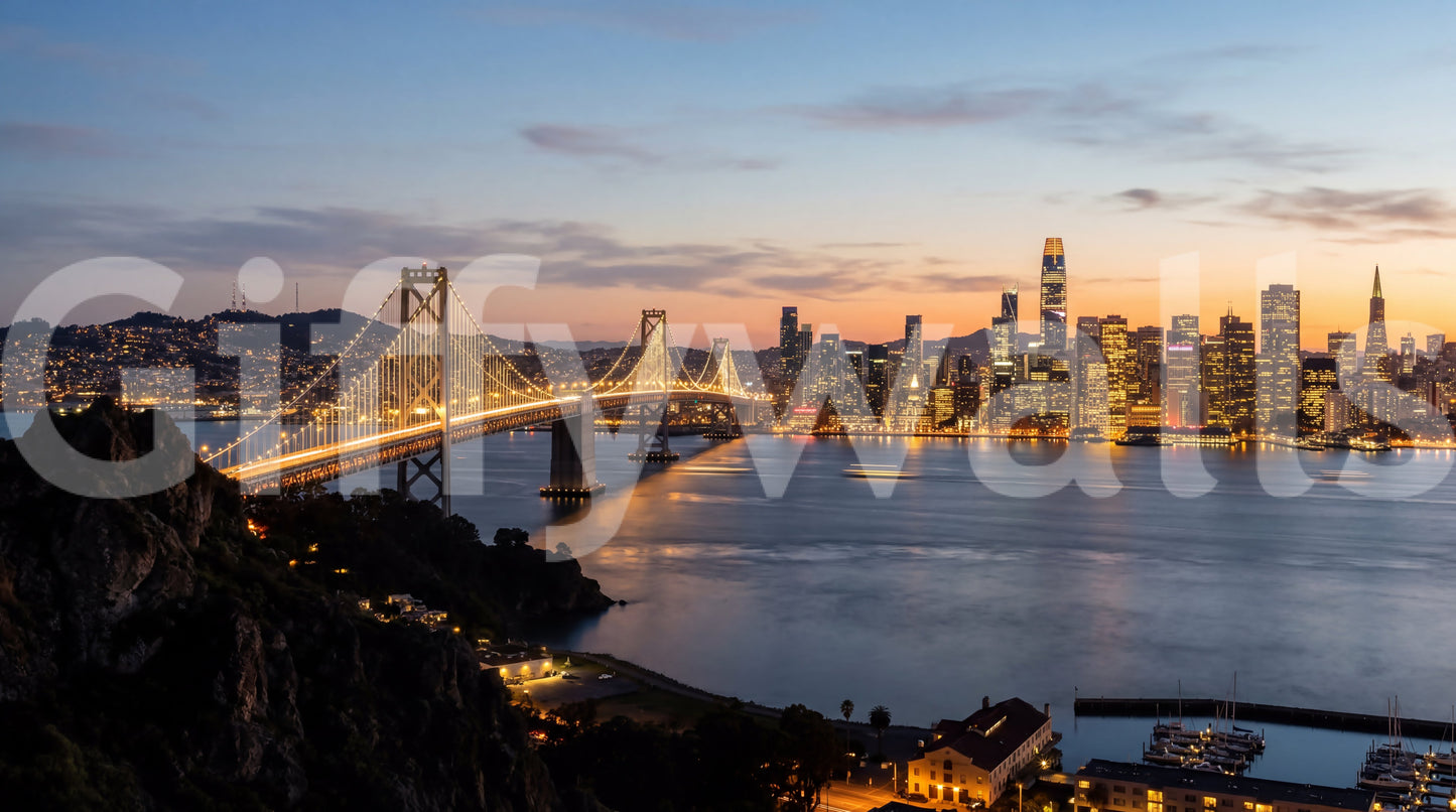 Bay Bridge evening mural with glowing city skyline lights