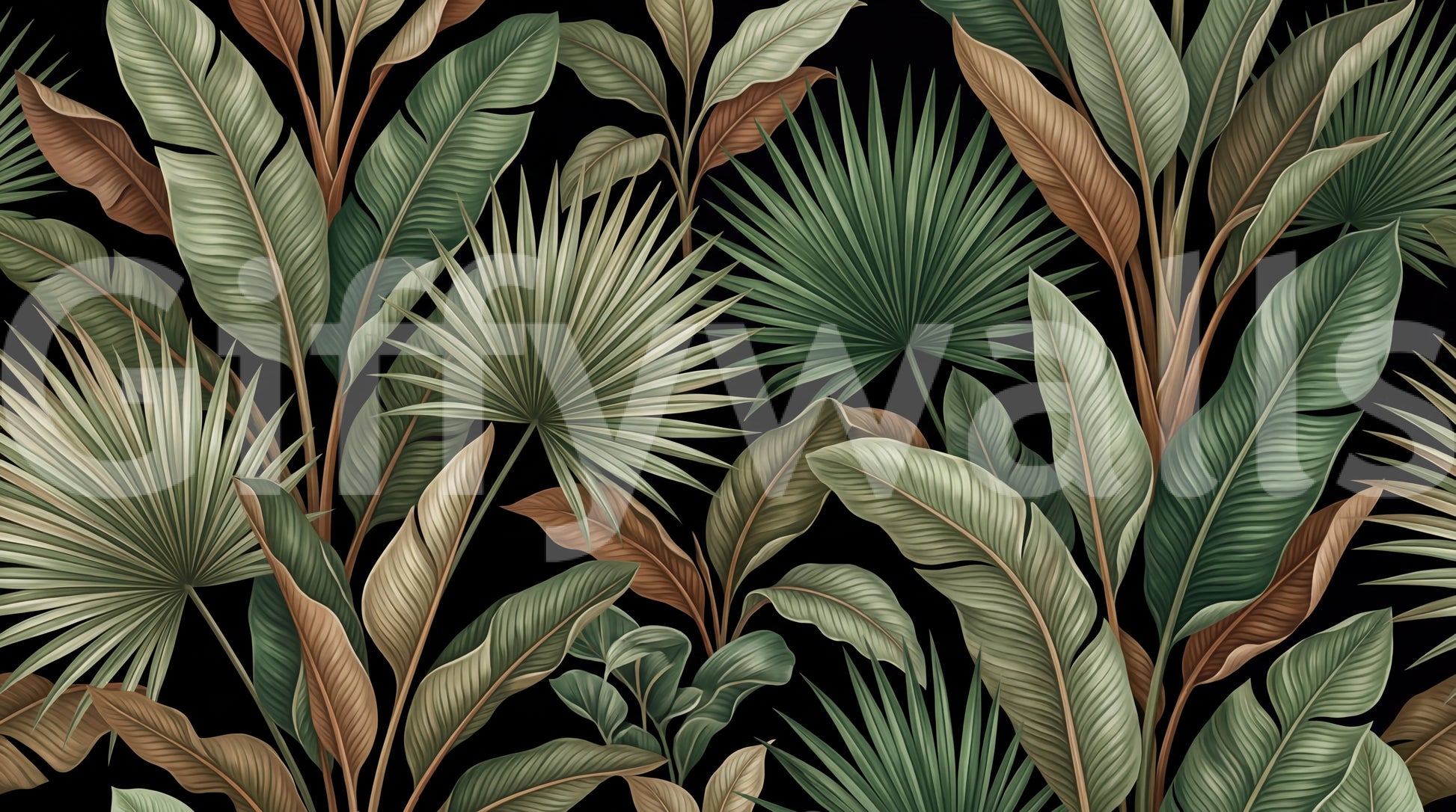 Botanical Noir wall mural with mixed green and brown foliage tones