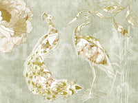Emerald Green Peacock wall mural with muted green and beige tones