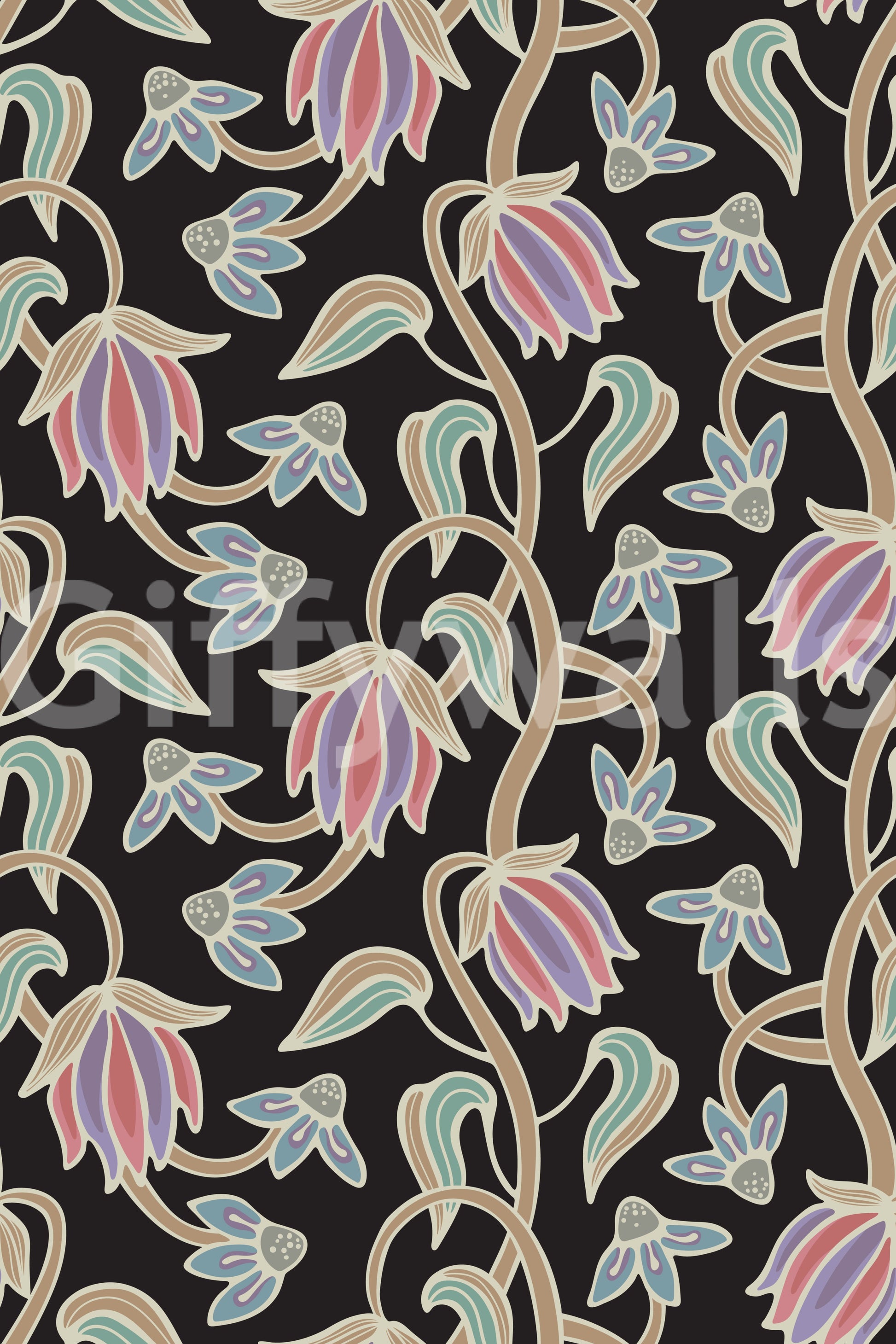 Ophelia Boho Blossoms wallpaper with black base and pastel highlights