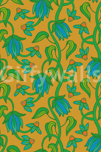 Ophelia Boho Blossoms Floral Tropical Blue Green on Mustard Yellow Wallpaper⁠