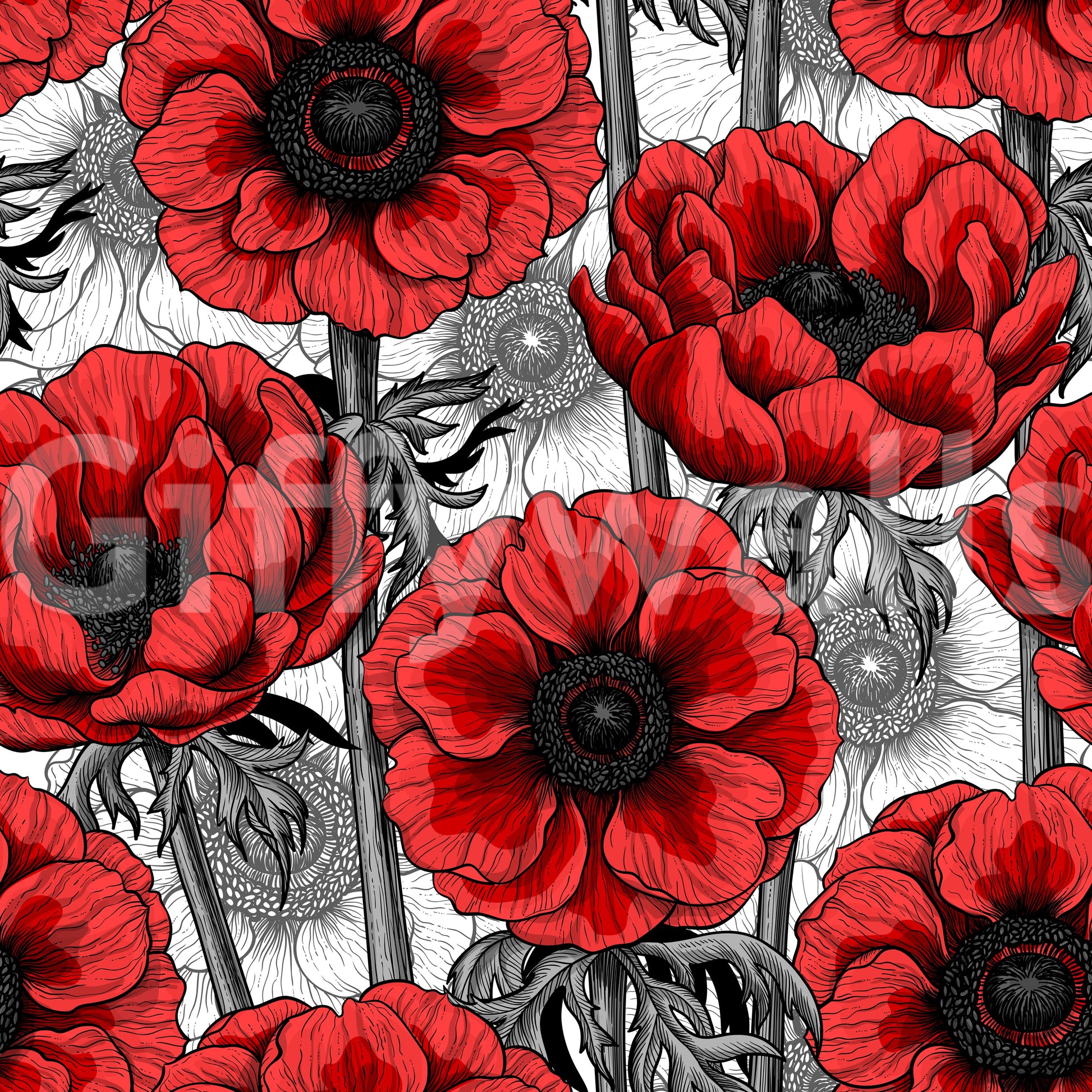 Nature floral wallpaper with Red Anemone Garden on White style