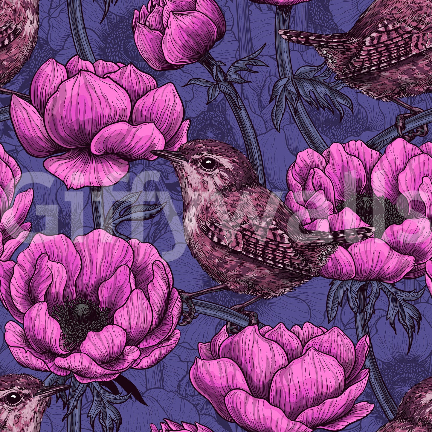 Wrens in the anemone garden Wallpaper⁠