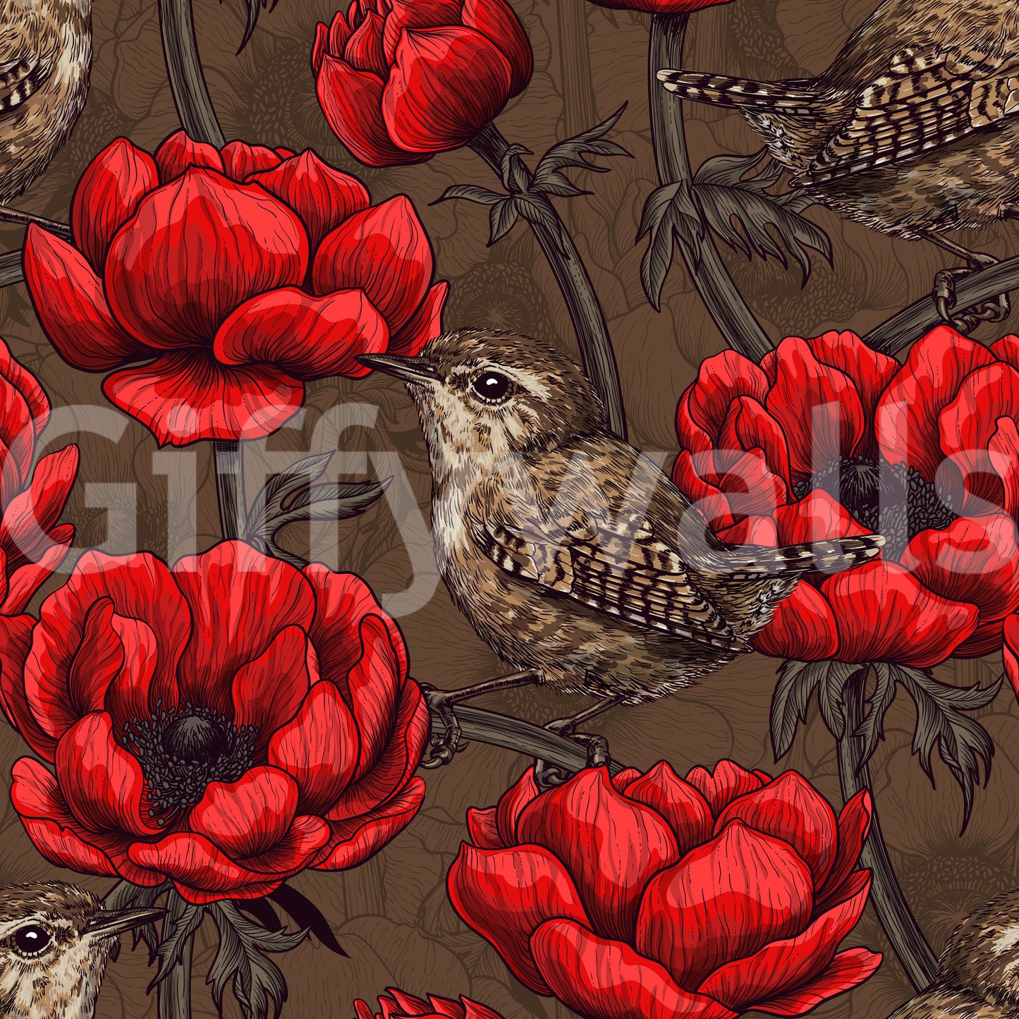 Nature style Wrens in Red Anemone Garden wallpaper art