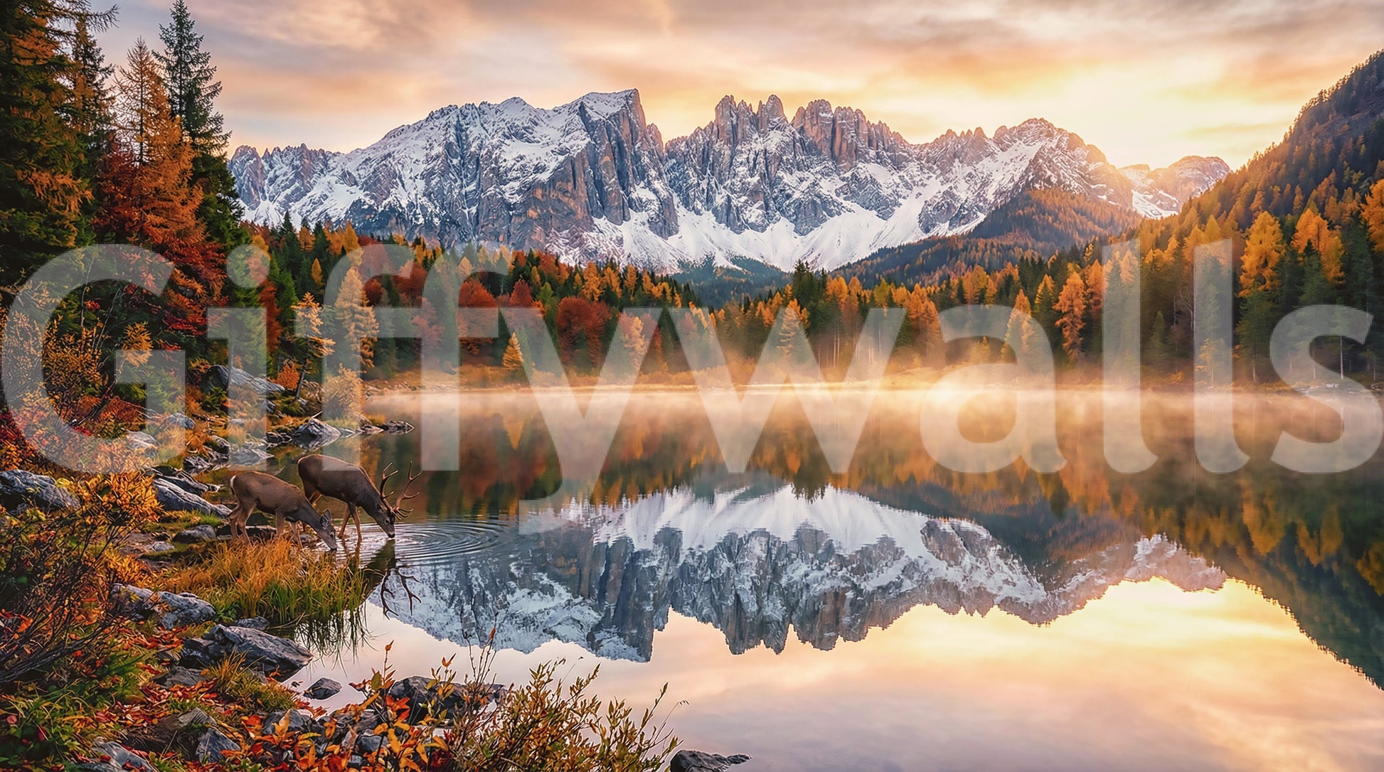 Natural mountain scenery featured in Alpine Autumn Serenity wall mural