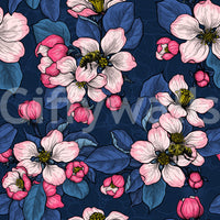 Apple Blossom on Dark Blue wallpaper with layered leaves and flowers