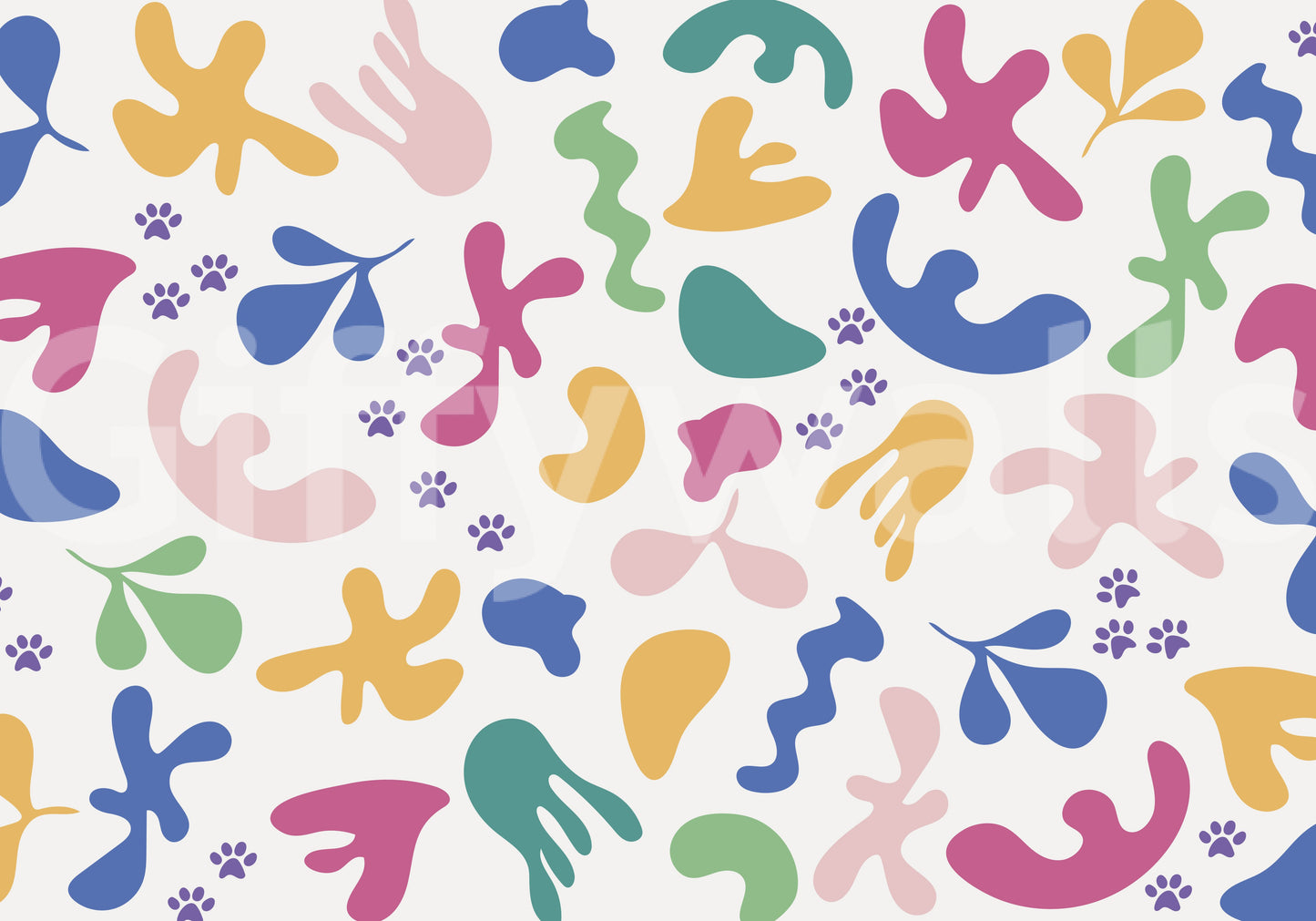 Colorful organic forms shape Whimsical Paws wall mural across a pale ground