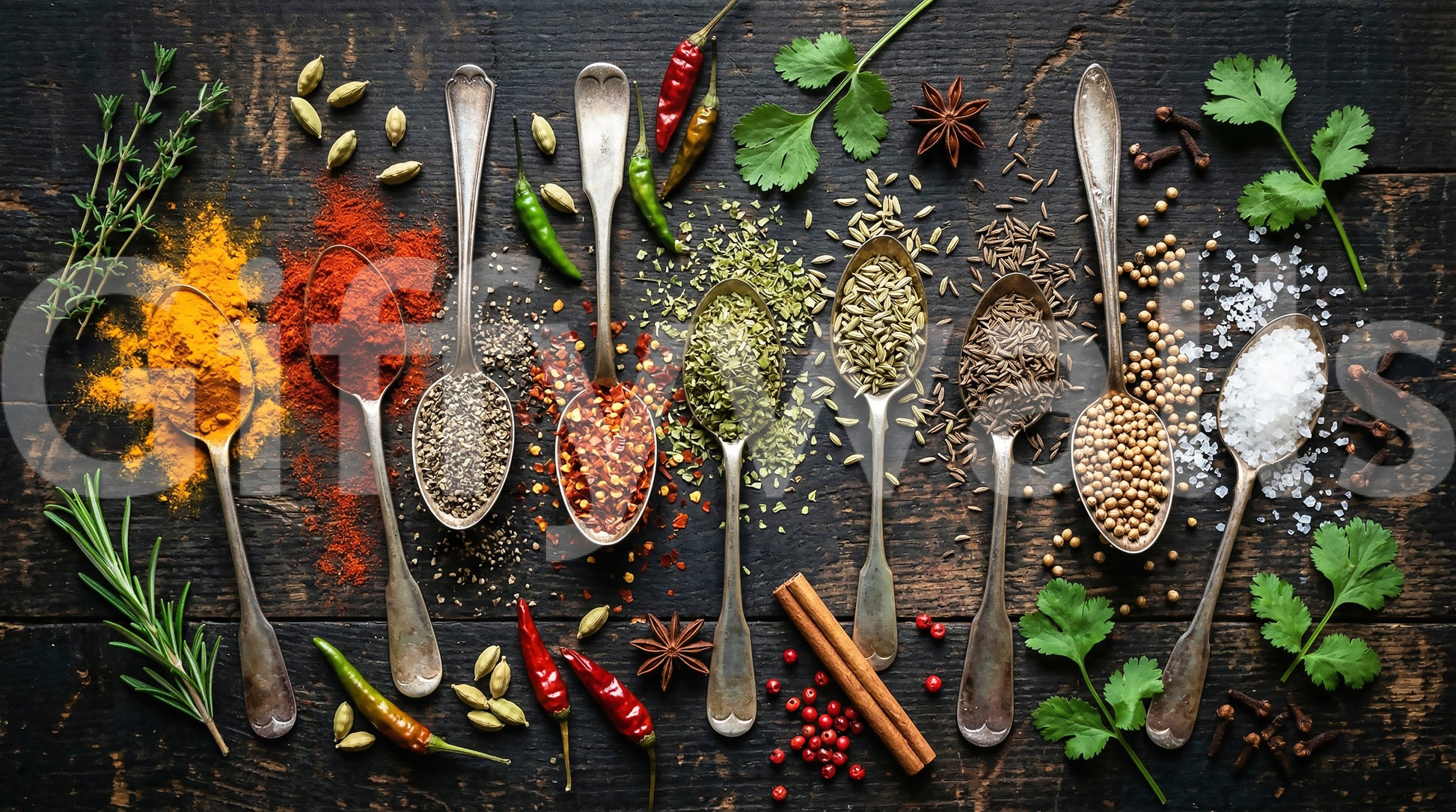 Food-themed wall mural with natural spices and spoon arrangement