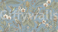 Tropical aviary mural with soft blue background and leafy detail