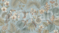 Bird and botanical mural with layered tropical plant detail