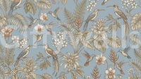 Tropical bird mural with vintage leaves, orchids, and blue tones