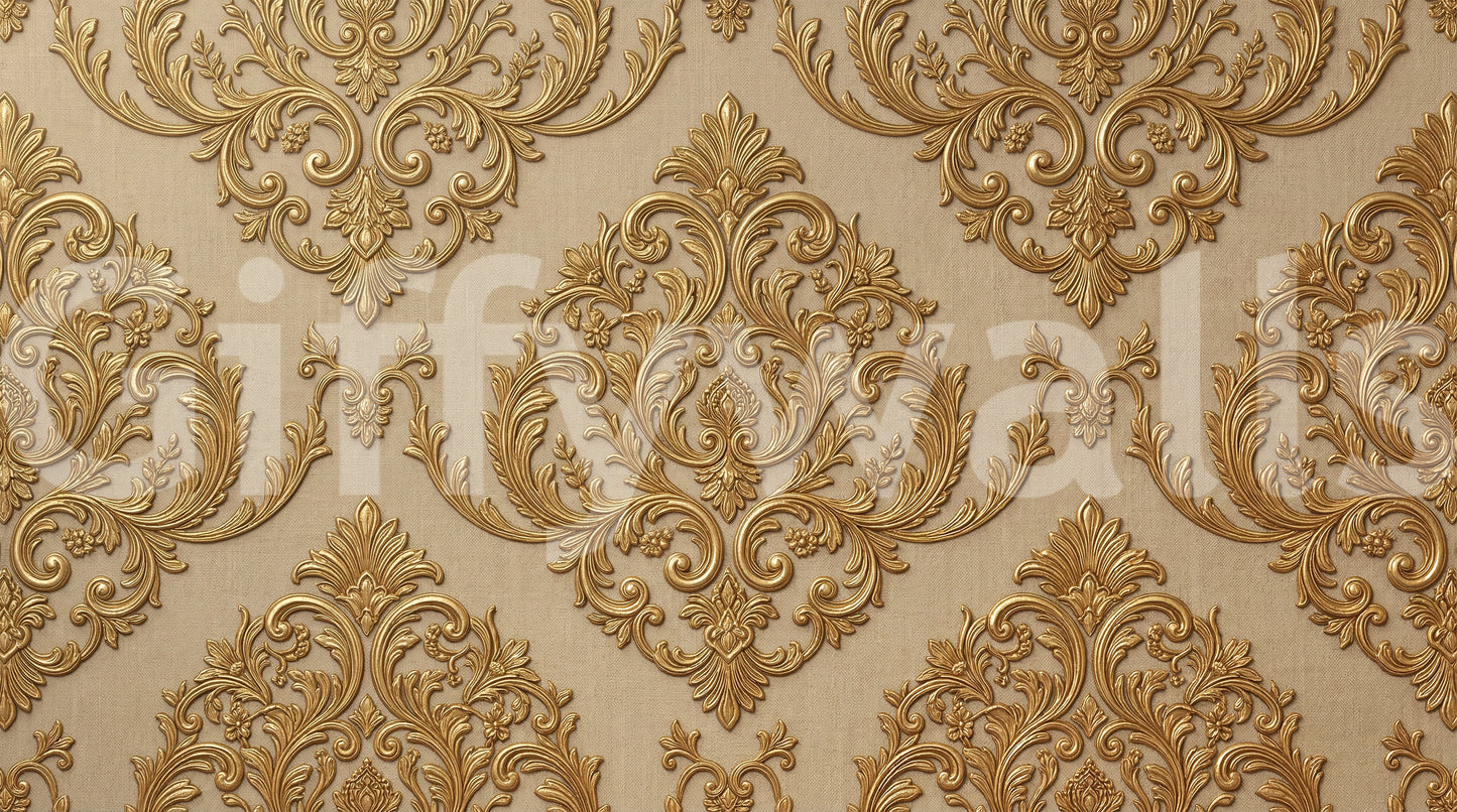 Raised-look floral gold wall mural with heritage scroll details