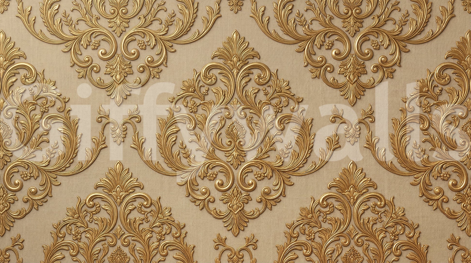 Raised-look floral gold wall mural with heritage scroll details